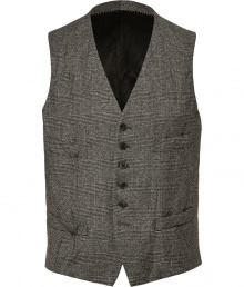 Finish your look on a dashing note with Neil Barretts crinkle grey vest, perfectly tailored to modern-dandy looks - V-neckline, button-down front, font slit pockets, adjustable back sash - Pair with dress shirts and sharply tailored blazers, or work sartorial style with favorite tees and jeans