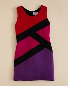 Zig-zag colorblocks with wide black trim conjure up an ideal modern look for her dressier occasions. Zig-zag colorblocks with wide black trim conjure up an ideal modern look for her dressier occasions.