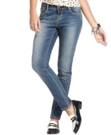 Rhinestoned back pockets equip these medium wash skinny jeans with dazzle power! From Jou Jou. Rhinestoned back pockets equip these medium wash skinny jeans with dazzle power! From Jou Jou.