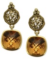 Stunning light Colorado crystals in a cushion-cut are adorned by ornate scroll disks with glittering crystal accents on these Essentials collection drop earrings from T Tahari. Nickel-free for sensitive skin. Set in 14k gold-plated mixed metal. Approximate drop: 1-1/2 inches.