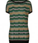 Give your look a vivid uplift in Missoni Ms green-multi zigzag knit top - Round neckline, cap sleeves, black ribbed knit trim - Loose fit - Wear with a knit skirt and sophisticated heels
