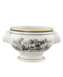 Depicting a classic pastoral scene in premium porcelain, this grand Audun bowl coordinates beautifully with the entire Audun country dinnerware collection from Villeroy & Boch. Handles shaped like a lion's head add a regal touch. Depicting a classic pastoral scene in premium porcelain, this grand Audun bowl coordinates beautifully with the entire Audun country dinnerware collection from Villeroy & Boch. Handles shaped like a lion's head add a regal touch.