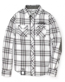 GUESS Kids' Jaspe shirt re-imagines a classic plaid work shirt with faux-suede trim and elbow patches. GUESS Kids' Jaspe shirt re-imagines a classic plaid work shirt with faux-suede trim and elbow patches.