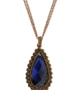 Cool in copper-tone, 2028 goes for ornate elegance with this pendant necklace. It also features a stunning blue stone for a fashionable touch. Approximate adjustable length: 16 inches + 3-inch extender. Approximate drop: 2-3/4 inches.