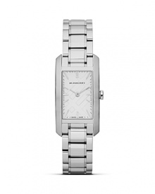 Freshen up your face with this stainless steel watch from Burberry, accented by a check stamped dial. With Swiss movement and a slim profile, this understated style is a functional day-to-day choice. Freshen up your face with this stainless steel watch from Burberry, accented by a check stamped dial. With Swiss movement and a slim profile, this understated style is a functional day-to-day choice.