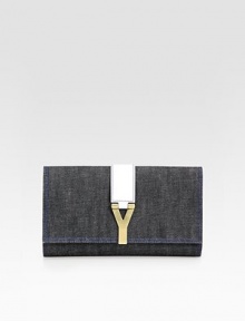 A sleek pairing of denim and leather defines this flap front bag, accented with signature Y hardware.Flap and snap closureOne inside open pocketSatin lining11W X 6½H X 1¼DMade in Italy A sleek pairing of denim and leather defines this flap front bag, accented with signature Y hardware.Flap and snap closureOne inside open pocketSatin lining11W X 6½H X 1¼DMade in Italy