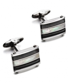 Show your true stripes. Perfect your work look with the addition of these sleek rectangular cuff links. Set in sterling silver with a striped design in Mother of Pearl and X. Approximate length: 3/4 inch. Approximate width: 1/2 inch. Show your true stripes. Perfect your work look with the addition of these sleek rectangular cuff links. Set in sterling silver with a striped design in Mother of Pearl and X. Approximate length: 3/4 inch. Approximate width: 1/2 inch.