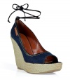 Get spring-ready with these flirty denim wedges from Sergio Rossi - Peep-toe, denim upper, espadrille wedge heel, ankle tie detail - Style with cropped trousers and a sheer blouse or a downtown-ready sundress