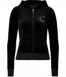 Inject luxe style into your casual-cool looks with Juicy Coutures rhinestone embellished hoodie, detailed with studded elbow patches for that contemporary glamorous edge - Hooded, front zip closure, long sleeves, split kangaroo pocket - Slim fit - Layer over tees, lounge pants, and statement fashion sneakers