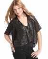 All eyes on you-this cool and casual jacket by XOXO combines the perfect mix of laid-back edge and party-ready sass. The open front design makes it an automatic layering essential with sparkly sequins and airy, sheer detailing that turn your look up a notch.