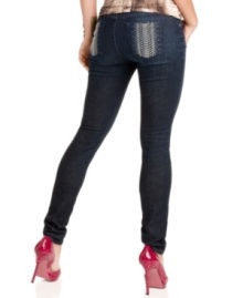 Snakeskin design at the back pockets lends animalistic attitude to these classic, dark wash skinny jeans! From GUESS?. Snakeskin design at the back pockets lends animalistic attitude to these classic, dark wash skinny jeans! From GUESS?.