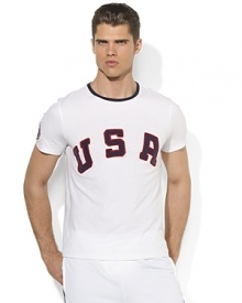 Celebrate Team USA's participation in the London 2012 Olympic Games with vintage style in this old-school custom-fit ringer T-shirt accented with a sewn USA and Polo patches. Celebrate Team USA's participation in the London 2012 Olympic Games with vintage style in this old-school custom-fit ringer T-shirt accented with a sewn USA and Polo patches.