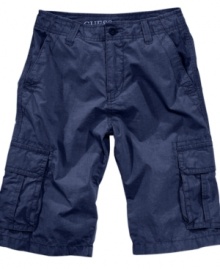 With plenty of storage these cargo shorts from guess are both practical and fashionable. With plenty of storage these cargo shorts from guess are both practical and fashionable.