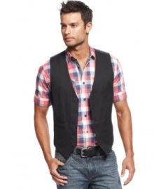 A man of many layers. This vest from Marc Ecko Cut & Sew helps add some depth to your look. A man of many layers. This vest from Marc Ecko Cut & Sew helps add some depth to your look.