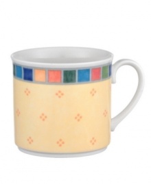 The Twist Alea tea cup makes every meal bright. Features an enamel colorblock pattern reminiscent of Spanish tile and a vivid band of color along the rim. The Twist Alea tea cup makes every meal bright. Features an enamel colorblock pattern reminiscent of Spanish tile and a vivid band of color along the rim.