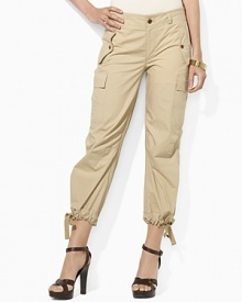 A modern twist on a rugged pant, this chic cargo version boasts a cropped silhouette with drawstrings at the hem for an elegant ruched effect. A modern twist on a rugged pant, this chic cargo version boasts a cropped silhouette with drawstrings at the hem for an elegant ruched effect.