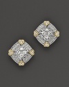 Hearts adorn the corners of these faceted white sapphire and pavé stud earrings, set in sterling silver and 18K gold.