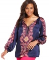 Get chic casual style with Charter Club's long sleeve plus size peasant blouse, featuring a placed print.