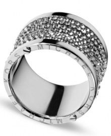 Endlessly cool. Michael Kors brings the glitz with pave crystal accents on this chic barrel-shaped ring. Crafted in silver ion-plated mixed metal. Size 7 and 8.