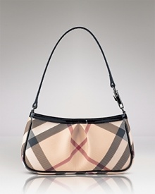 Slick, lipstick-red patent leather adds a downtown dose of cool to Burberry's classic check. This petite shoulder bag is the perfect size for your necessities. Slick, lipstick-red patent leather adds a downtown dose of cool to Burberry's classic check. This petite shoulder bag is the perfect size for your necessities.
