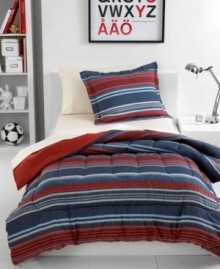 Evoking a distinctly classic and refined look, this Easton Stripe comforter set features a medley of horizontal stripes in a perfectly paired colorway of blue and red. Reverses to solid red.