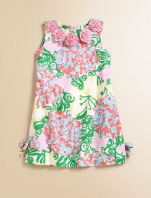 Signature floral print on a classic shift silhouette with dainty rosettes and bow detail for your pretty little girl.Jewelneck with rosettesSleevelessBack zipperSide-vented hem with bowCottonMachine washImported Signature floral print on a classic shift silhouette with dainty rosettes and bow detail for your pretty little girl.Jewelneck with rosettesSleevelessBack zipperSide-vented hem with bowCottonMachine washImported