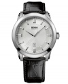 Stunning simplicity, by Hugo Boss. The luxe combo of black and silver is on display with this handsome dress watch.