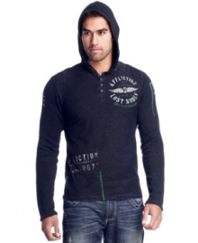 With a graphic treatment and cool hooded style, this henley from Affliction will make its mark in your weekend rotation. With a graphic treatment and cool hooded style, this henley from Affliction will make its mark in your weekend rotation.