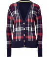 A preppy-cool plaid covers this ultra-chic wool-blend cardigan from Juicy Couture - V-neck, long sleeves with ribbed cuffs, front button placket, ribbed hem, front plaid pattern - Style with a long sleeve tee, high waist skinnies, and embellished ballet flats