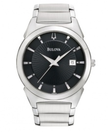 Set the standard for style with this timeless watch by Bulova. Stainless steel bracelet and round case. Textured black dial features applied silver tone stick indices, date window at three o'clock, three hands and logo. Quartz movement. Water resistant to 30 meters. Three-year limited warranty. Set the standard for style with this timeless watch by Bulova. Stainless steel bracelet and round case. Textured black dial features applied silver tone stick indices, date window at three o'clock, three hands and logo. Quartz movement. Water resistant to 30 meters. Three-year limited warranty.