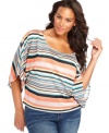 Sport one of the season's must-have trends with One 7 Six's dolman sleeve plus size top, featuring a striped pattern.