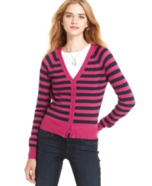 Every girl needs a good cardi! Classic stripes equip this version from Planet Gold with preppy-cool style.