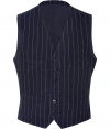Add classic dandy style to your workweek attire with this sharp vest from Polo Ralph Lauren - V-neck, front button placket, two chest and waist welt pockets, front stripe print, solid back with adjustable belt - Style with a button down, jeans or trousers, and ankle boots