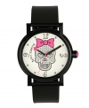 Betsey Johnson can make even the dark side look darling. Watch crafted of black polyurethane strap and round black polycarbonate case. White dial features large graphic of a crystal-accented skull with pink bow, silver tone numerals at twelve, three, six and nine o'clock, dot markers, black hour and minute hands, signature fuchsia second hand and logo. Quartz movement. Water resistant to 30 meters. Two-year limited warranty.