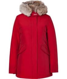 Stylish and sporty red down coat in a washable cotton blend from the American heritage label Woolrich - Tapers slightly at waist, hits at mid-thigh - Rabbit fur collar lends this coat a veritable feeling of warmth and luxe - Water and snow resistant, with multiple pockets and hood - Exceptionally warm, can be worn in temperatures as low as -30 F - A versatile, classically elegant coat that can be worn for life - Perfect for both city streets and country slopes Stylish and sporty red down coat in a washable cotton blend from the American heritage label Woolrich - Tapers slightly at waist, hits at mid-thigh - Rabbit fur collar lends this coat a veritable feeling of warmth and luxe - Water and snow resistant, with multiple pockets and hood - Exceptionally warm, can be worn in temperatures as low as -30 F - A versatile, classically elegant coat that can be worn for life - Perfect for both city streets and country slopes