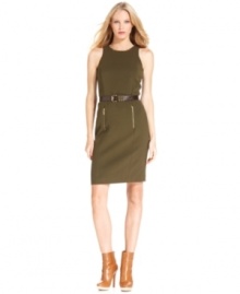 MICHAEL Michael Kors renders a classic sheath silhouette in a stretch fabric and finishes this sleek look with a removable belt. Pair with nude heels for perfection this season!