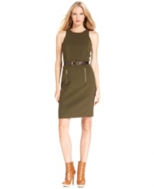 MICHAEL Michael Kors renders a classic sheath silhouette in a stretch fabric and finishes this sleek look with a removable belt. Pair with nude heels for perfection this season! MICHAEL Michael Kors renders a classic sheath silhouette in a stretch fabric and finishes this sleek look with a removable belt. Pair with nude heels for perfection this season!