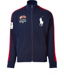 For a modern riff on a venerable classic, try Ralph Laurens big logo zip up jacket - Ultra soft, sueded navy fleece with decorative red and white stripes at sleeve - Slim, straight cut - Small stand up collar and full zipper - Oversize polo pony logo at chest, numbered sleeve and XL numbered team graphic at back - Casually cool, ideal for everyday leisure - Pair with jeans, chinos or shorts