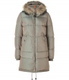 Stay warm in style with this down parka from Parajumpers - Fur trimmed hood with clasp closure, concealed front zip closure, long sleeves with logo at shoulder, zip pockets, side zips at hem, quilted, water resistant lining, back zip slit and drawstring - Style with skinny jeans, a cashmere sweater, and shearling boots