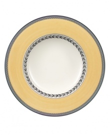 With a quaint floral garland and band of pale yellow in premium porcelain, this Audun rim soup bowl coordinates beautifully with the entire Audun country dinnerware collection from Villeroy & Boch. With a quaint floral garland and band of pale yellow in premium porcelain, this Audun rim soup bowl coordinates beautifully with the entire Audun country dinnerware collection from Villeroy & Boch.