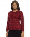 Lauren Ralph Lauren's plus size cheery plaid pattern accentuates a cozy long-sleeved cotton tee, perfect for layering in cooler weather.