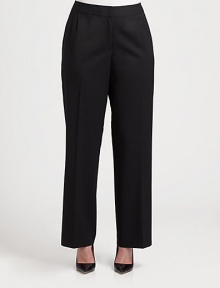 You'll wonder how you lived without these classics, finely tailored in stretch wool from Italy.Smooth waistband with hidden hook-and-bar closureZip flyTiny front pleatsBack dartsStraight legRise, about 12Inseam, about 32Wool/elastaneDry cleanImported of Italian fabric You'll wonder how you lived without these classics, finely tailored in stretch wool from Italy.Smooth waistband with hidden hook-and-bar closureZip flyTiny front pleatsBack dartsStraight legRise, about 12Inseam, about 32Wool/elastaneDry cleanImported of Italian fabric