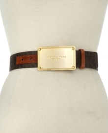 For logo loving fashionistas, this faux leather lovely from MICHAEL Michael Kors is dressed with the iconic MK monogram and gleaming golden buckle. For logo loving fashionistas, this faux leather lovely from MICHAEL Michael Kors is dressed with the iconic MK monogram and gleaming golden buckle.