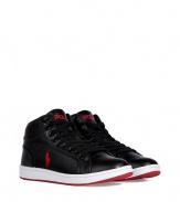 A classic style detailed in edgy black leather and nylon, Polo Ralph Laurens Trevose is perfect for adding that characteristic sporty edge to your outfit - Rounded toe, matching flat laces, white rubber trim, red rubber sole and logo detailing - Ankle height - Wear with tees, hoodies and jeans, or dress up with tailored trousers and slim-fit pullovers