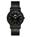 For every day, with any look, wherever you go. Tokyo watch by Lacoste crafted of black leather strap and round black plastic case. Black dial features applied stick indices, minute track, crocodile logo at twelve o'clock, silver tone minute and hour hands and green second hand. Quartz movement. Water resistant to 30 meters. Two-year limited warranty.