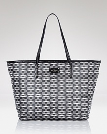 kate spade new york's printed woven tote is designed for the on-the-go urbanista. Shoulder the graphic patent-trimmed style when pretty practicality is paramount. kate spade new york's printed woven tote is designed for the on-the-go urbanista. Shoulder the graphic patent-trimmed style when pretty practicality is paramount.