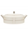 Metallic bronze lines meet and curve to create a sleek geometric pattern on this covered vegetable server from Noritake's collection of serveware and serving dishes. Platinum bands and angled handles get everyone hooked on the sophisticated design, crafted in durable bone china for fine dining or everyday use.