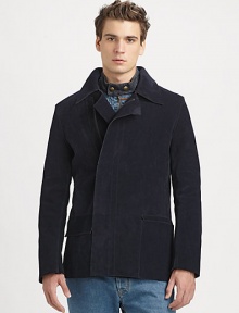 An ideal layering choice for those chilly nights to come, designed and structured in buttery-soft suede for a sophisticated, streamlined fit.Zip frontWaist flap pocketsRear ventAbout 30 from shoulder to hemSuedeDry cleanMade in Italy An ideal layering choice for those chilly nights to come, designed and structured in buttery-soft suede for a sophisticated, streamlined fit.Zip frontWaist flap pocketsRear ventAbout 30 from shoulder to hemSuedeDry cleanMade in Italy