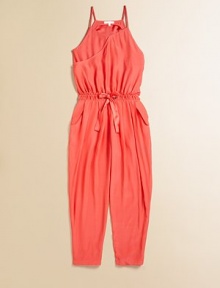 A sweet bodice overlay and ribbon tie detail add to the allure of this chic, silky one-piece.Sweetheart necklineSpaghetti strapsPull-on styleBlouson bodiceElastic waistband with ribbon tieSide flap pocketsSilkMachine washImported A sweet bodice overlay and ribbon tie detail add to the allure of this chic, silky one-piece.Sweetheart necklineSpaghetti strapsPull-on styleBlouson bodiceElastic waistband with ribbon tieSide flap pocketsSilkMachine washImported