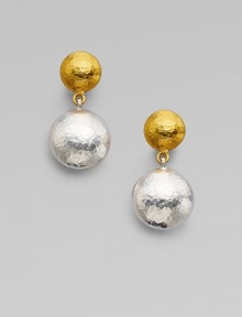 From the Lentil Collection. A pair of hammered spheres - yellow gold and white sterling silver - create an effortlessly elegant drop design.24k yellow gold Sterling silver Length, about 1 Post Back Imported From the Lentil Collection. A pair of hammered spheres - yellow gold and white sterling silver - create an effortlessly elegant drop design.24k yellow gold Sterling silver Length, about 1 Post Back Imported